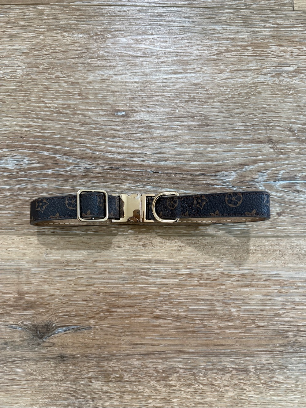 Gold-Trim Brown Patterned Dog Collar with Secure Buckle